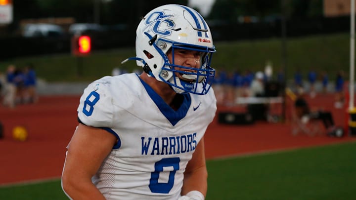 Oconee County's Zach Weeks (8) celebrates after scoring a two point conversion during a GHSA high school football game against Clarke Central in Athens, Ga., on Friday, Aug. 23, 2024. Oconee County's Zach Weeks (8) celebrates after scoring a two point conversion during a GHSA high school football game against Clarke Central in Athens, Ga., on Friday, Aug. 23, 2024.