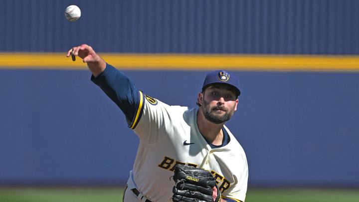 Feb 21, 2026; Phoenix, Arizona, USA;  Milwaukee Brewers pitcher Garrett Stallings (97) delivers to the plate in the first inning against the against the Cleveland Guardians at American Family Fields of Phoenix. Mandatory Credit: Jayne Kamin-Oncea-Imagn Images