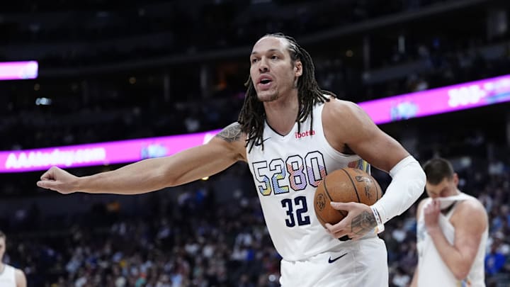 Feb 5, 2025; Denver, Colorado, USA; Denver Nuggets forward Aaron Gordon (32) reacts during the first quarter against the New Orleans Pelicans at Ball Arena. Mandatory Credit: Ron Chenoy-Imagn Images Feb 5, 2025; Denver, Colorado, USA; Denver Nuggets forward Aaron Gordon (32) reacts during the first quarter against the New Orleans Pelicans at Ball Arena. Mandatory Credit: Ron Chenoy-Imagn Images