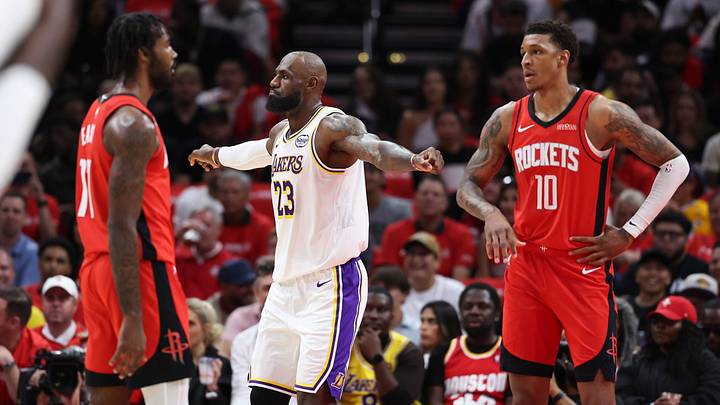 Apr 26, 2026; Houston, Texas, USA; Los Angeles Lakers forward LeBron James (23) reacts after a play as Houston Rockets forward Jabari Smith Jr. (10) looks on during the first quarter during game four of the first round of the 2026 NBA Playoffs at Toyota Center. Mandatory Credit: Troy Taormina-Imagn Images Apr 26, 2026; Houston, Texas, USA; Los Angeles Lakers forward LeBron James (23) reacts after a play as Houston Rockets forward Jabari Smith Jr. (10) looks on during the first quarter during game four of the first round of the 2026 NBA Playoffs at Toyota Center. Mandatory Credit: Troy Taormina-Imagn Images