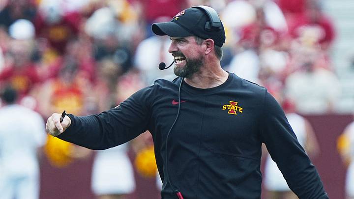Iowa State football head coach Jimmy Rogers reacts after a touchdown against Southeast Missouri during the first quarter in the week one NCAA football at Jack Trice Stadium on Sept. 5, 2026, in Ames, Iowa. Iowa State football head coach Jimmy Rogers reacts after a touchdown against Southeast Missouri during the first quarter in the week one NCAA football at Jack Trice Stadium on Sept. 5, 2026, in Ames, Iowa.