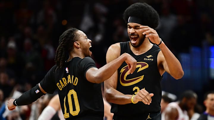 Nov 15, 2024; Cleveland, Ohio, USA; Cleveland Cavaliers guard Darius Garland (10) and center Jarrett Allen (31) celebrate during the second half against the Chicago Bulls at Rocket Mortgage FieldHouse. Mandatory Credit: Ken Blaze-Imagn Images