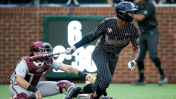 Vanderbilt center fielder Enrique Bradfield Jr. (51) watches his RBI-single against Arkansas during the fifth inning at Hawkins Field in Nashville, Tenn., Thursday, May 18, 2023.