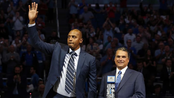 Jan 20, 2017; Orlando, FL, USA; Orlando Magic CEO Alex Martins inducts Penny Hardaway into the Orlando Magic Hall of Fame during the first half against the Milwaukee Bucks at Amway Center. Mandatory Credit: Kim Klement-Imagn Images