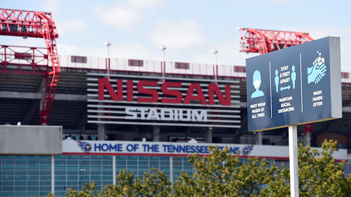 Oct 4, 2020; Nashville, Tennessee, USA; COVID-19 signs are posted in the parking lot of Nissan Stadium. The Tennessee Titans game against the Pittsburgh Steelers game was rescheduled for October 25 at Nissan Stadium. Mandatory Credit: Christopher Hanewinckel-Imagn Images Oct 4, 2020; Nashville, Tennessee, USA; COVID-19 signs are posted in the parking lot of Nissan Stadium. The Tennessee Titans game against the Pittsburgh Steelers game was rescheduled for October 25 at Nissan Stadium. Mandatory Credit: Christopher Hanewinckel-Imagn Images