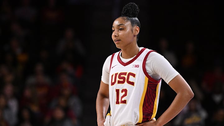 Jan 12, 2025; Los Angeles, California, USA; USC Trojans guard JuJu Watkins (12) during a college basketball game against the Penn State Nittany Lions at Galen Center. Mandatory Credit: Robert Hanashiro-Imagn Images