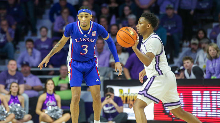 Feb 5, 2024; Manhattan, Kansas, USA; Kansas State Wildcats guard Dorian Finister (3) passes the ball