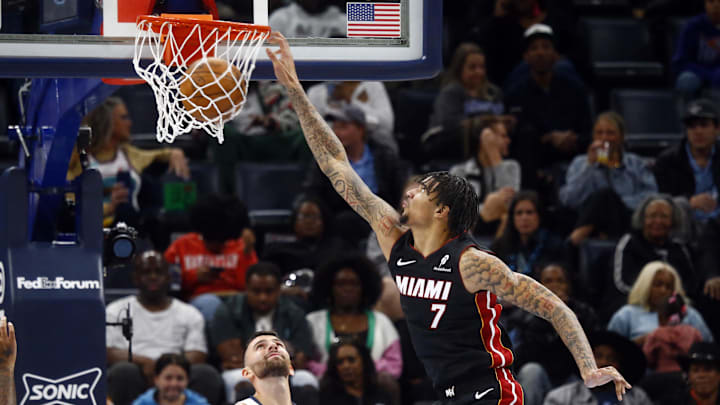 Oct 18, 2024; Memphis, Tennessee, USA; Miami Heat center Kel'el Ware (7) dunks during the second half against the Memphis Grizzlies at FedExForum. Mandatory Credit: Petre Thomas-Imagn Images
