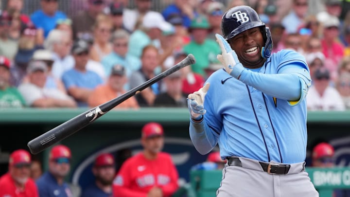 Feb 26, 2026; Fort Myers, Florida, USA; Tampa Bay Rays right fielder Justyn-Henry Malloy (55) reacts to a pitch fouling off his bat against the Boston Red Sox in the second inning at JetBlue Park at Fenway South. Mandatory Credit: Jim Rassol-Imagn Images Feb 26, 2026; Fort Myers, Florida, USA; Tampa Bay Rays right fielder Justyn-Henry Malloy (55) reacts to a pitch fouling off his bat against the Boston Red Sox in the second inning at JetBlue Park at Fenway South. Mandatory Credit: Jim Rassol-Imagn Images