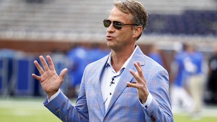 Mississippi Rebels head coach Lane Kiffin interviews prior to the game against the Kentucky Wildcats.