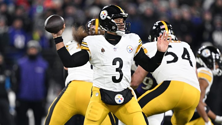 Jan 11, 2025; Baltimore, Maryland, USA; Pittsburgh Steelers quarterback Russell Wilson (3) passes in the second quarter against the Baltimore Ravens in an AFC wild card game at M&T Bank Stadium. Mandatory Credit: Tommy Gilligan-Imagn Images Jan 11, 2025; Baltimore, Maryland, USA; Pittsburgh Steelers quarterback Russell Wilson (3) passes in the second quarter against the Baltimore Ravens in an AFC wild card game at M&T Bank Stadium. Mandatory Credit: Tommy Gilligan-Imagn Images