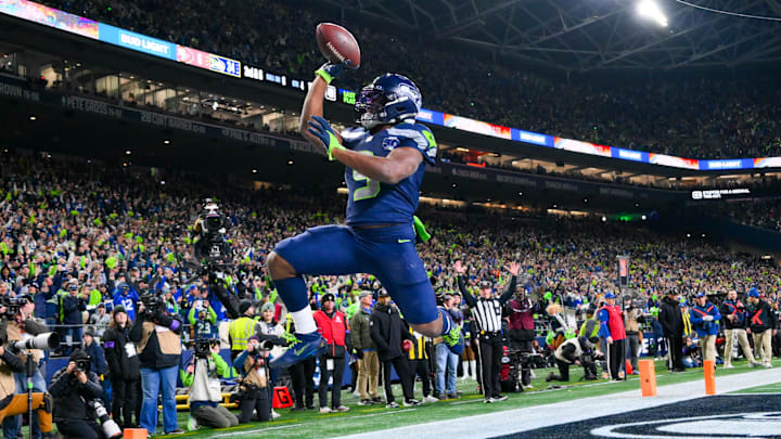 Jan 17, 2026; Seattle, WA, USA; Seattle Seahawks running back Kenneth Walker III (9) reacts after scoring a touchdown against the San Francisco 49ers during the second half in an NFC Divisional Round game at Lumen Field. Mandatory Credit: Steven Bisig-Imagn Images Jan 17, 2026; Seattle, WA, USA; Seattle Seahawks running back Kenneth Walker III (9) reacts after scoring a touchdown against the San Francisco 49ers during the second half in an NFC Divisional Round game at Lumen Field. Mandatory Credit: Steven Bisig-Imagn Images