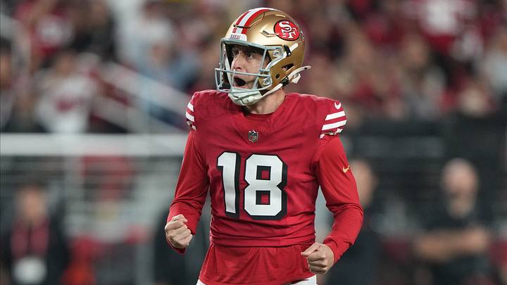 Oct 19, 2025; Santa Clara, California, USA; San Francisco 49ers kicker Eddy Pineiro (18) celebrates after making a field goal during the second quarter against the Atlanta Falcons at Levi's Stadium. Mandatory Credit: Kyle Terada-Imagn Images Oct 19, 2025; Santa Clara, California, USA; San Francisco 49ers kicker Eddy Pineiro (18) celebrates after making a field goal during the second quarter against the Atlanta Falcons at Levi's Stadium. Mandatory Credit: Kyle Terada-Imagn Images