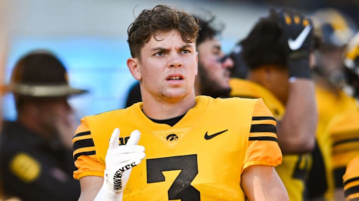 Oct 21, 2023; Iowa City, Iowa, USA; Iowa Hawkeyes defensive back Cooper DeJean (3) reacts during the