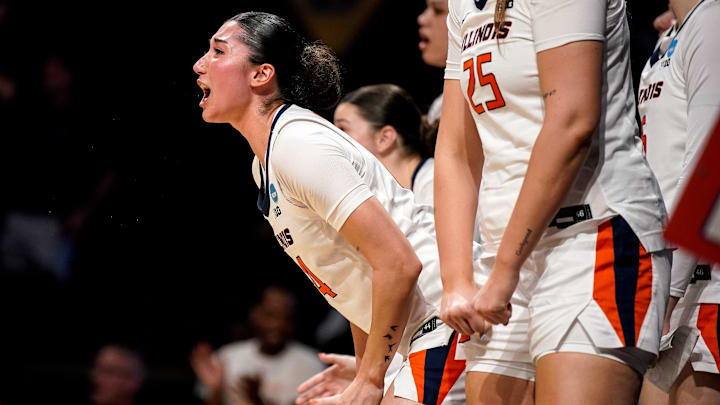 Illinois forward Gisela Segura (24) cheers on her team as they face Colorado during the second half in the first round of the NCAA college basketball tournament at Memorial Gym in Nashville, Tenn., Saturday, March 21, 2026.