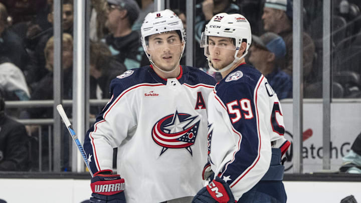 Jan 28, 2024; Seattle, Washington, USA; Columbus Blue Jackets defenseman Zach Werenski (8) and