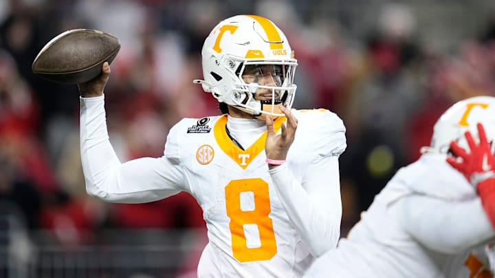 Tennessee Volunteers quarterback Nico Iamaleava (8) throws during the second half of the College Football Playoff first round game against the Ohio State Buckeyes at Ohio Stadium in Columbus on Dec. 22, 2024. Ohio State won 42-17.