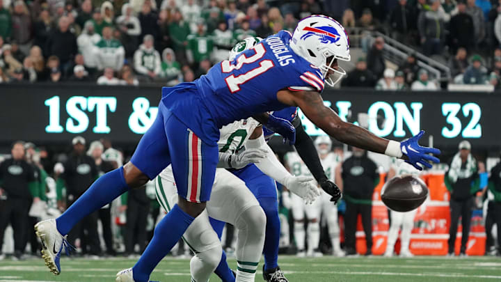 Oct 14, 2024; East Rutherford, New Jersey, USA; Buffalo Bills cornerback Rasul Douglas (31) defends a pass to New York Jets running back Braelon Allen (0) during the second half at MetLife Stadium.