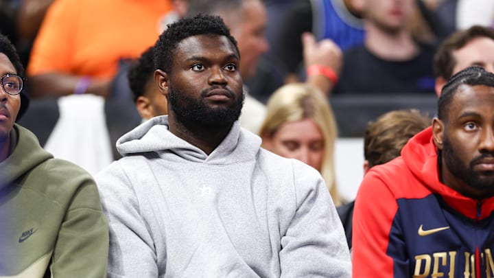 Nov 8, 2024; Orlando, Florida, USA; New Orleans Pelicans forward Zion Williamson (1) looks on from the bench against the Orlando Magic in the third quarter at Kia Center. Mandatory Credit: Nathan Ray Seebeck-Imagn Images