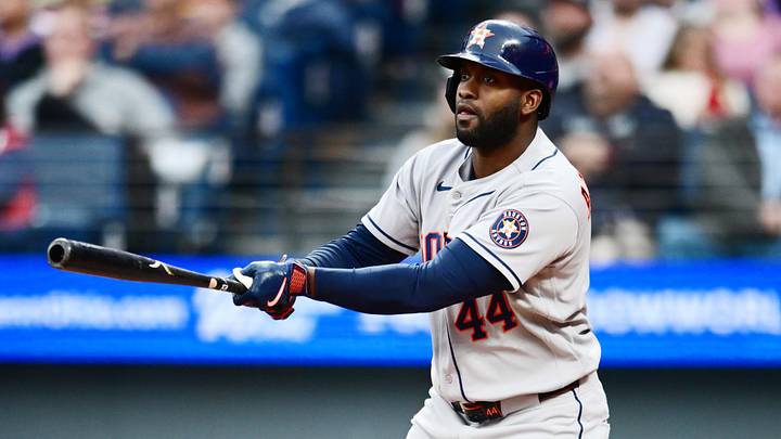 Apr 21, 2026; Cleveland, Ohio, USA; Houston Astros designated hitter Yordan Alvarez (44) hits an RBI double against the Cleveland Guardians during the fifth inning at Progressive Field. Mandatory Credit: Ken Blaze-Imagn Images