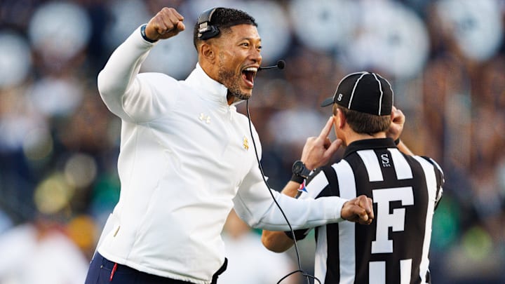 Notre Dame head coach Marcus Freeman celebrates after the defense scored a safety in the second half of a NCAA football game against NC State at Notre Dame Stadium on Saturday, Oct. 11, 2025, in South Bend.