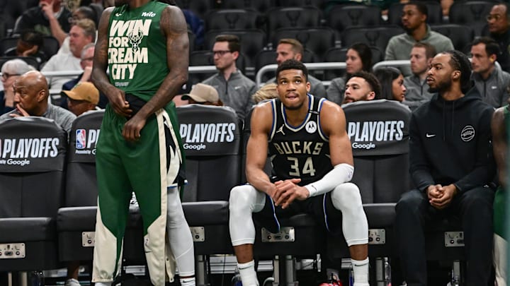 Apr 27, 2025; Milwaukee, Wisconsin, USA; Milwaukee Bucks forward Giannis Antetokounmpo (34) looks on in the final seconds of the game against the Indiana Pacers during game four of first round for the 2024 NBA Playoffs at Fiserv Forum. Mandatory Credit: Benny Sieu-Imagn Images
