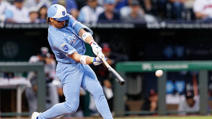 Sep 25, 2026; Kansas City, Missouri, USA; Kansas City Royals shortstop Bobby Witt Jr. (7) gets a base hit during the first inning against the Cleveland Guardians Sep 25, 2026; Kansas City, Missouri, USA; Kansas City Royals shortstop Bobby Witt Jr. (7) gets a base hit during the first inning against the Cleveland Guardians