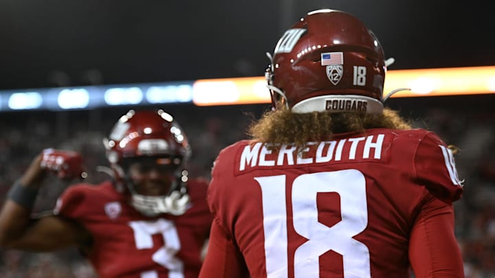 Sep 20, 2024; Pullman, Washington, USA; Washington State Cougars wide receiver Josh Meredith (18) and Washington State Cougars wide receiver Tre Shackelford (3) celebrates a touchdown against the San Jose State Spartans in the second half at Gesa Field at Martin Stadium. Mandatory Credit: James Snook-Imagn Images