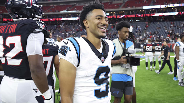 Aug 16, 2025; Houston, Texas, USA; Carolina Panthers quarterback Bryce Young (9) smiles on the field after the game against the Houston Texans at NRG Stadium. Mandatory Credit: Troy Taormina-Imagn Images