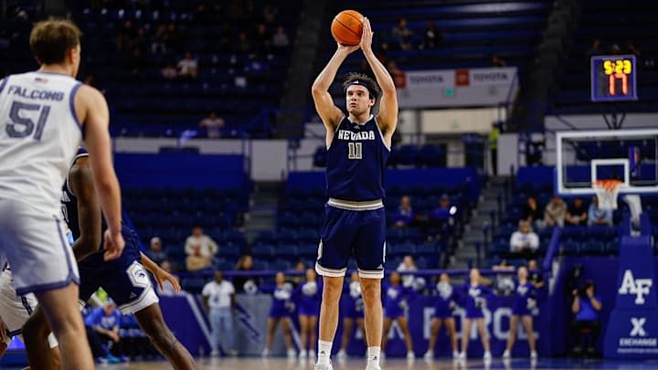 Feb 4, 2025; Colorado Springs, Colorado, USA; Nevada Wolf Pack forward Nick Davidson (11) attempts a shot in the second half against the Air Force Falcons at Clune Arena. Mandatory Credit: Isaiah J. Downing-Imagn Images
