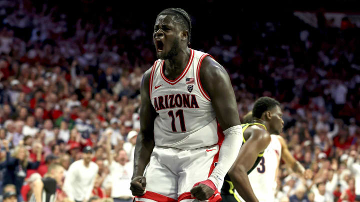 Mar 2, 2024; Tucson, Arizona, USA; Arizona Wildcats center Oumar Ballo (11) celebrates after making