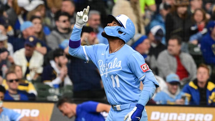 Mar 31, 2025; Milwaukee, Wisconsin, USA; Kansas City Royals center fielder Maikel Garcia (11) reacts after hitting a solo home run in the second inning against the Milwaukee Brewers at American Family Field. Mandatory Credit: Benny Sieu-Imagn Images Mar 31, 2025; Milwaukee, Wisconsin, USA; Kansas City Royals center fielder Maikel Garcia (11) reacts after hitting a solo home run in the second inning against the Milwaukee Brewers at American Family Field. Mandatory Credit: Benny Sieu-Imagn Images