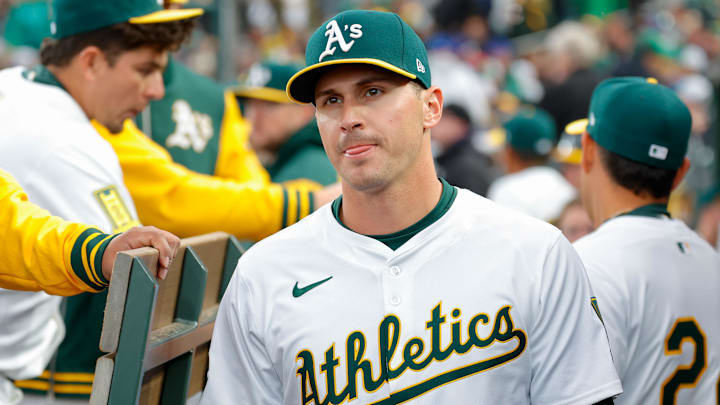 Mar 31, 2025; West Sacramento, California, USA; Athletics outfielder JJ Bleday before the game against the Chicago Cubs at Sutter Health Park. Mandatory Credit: Sergio Estrada-Imagn Images