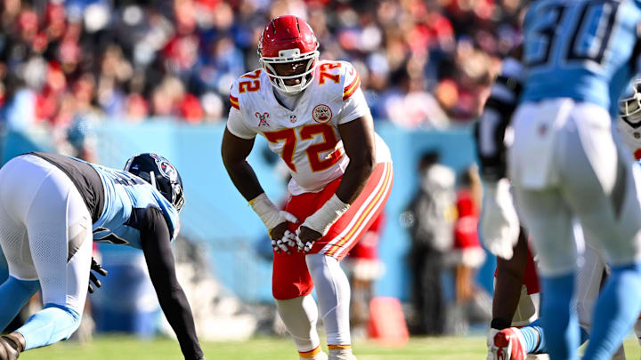 Dec 21, 2025; Nashville, Tennessee, USA; Kansas City Chiefs offensive tackle Chukwuebuka Godrick (72) against the Tennessee Titans during the first half at Nissan Stadium. Mandatory Credit: Steve Roberts-Imagn Images Dec 21, 2025; Nashville, Tennessee, USA; Kansas City Chiefs offensive tackle Chukwuebuka Godrick (72) against the Tennessee Titans during the first half at Nissan Stadium. Mandatory Credit: Steve Roberts-Imagn Images