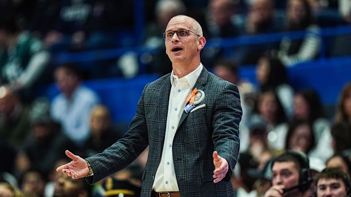 UConn Huskies head coach Dan Hurley watches from the sideline as they take on the DePaul Blue Demons at XL Center.