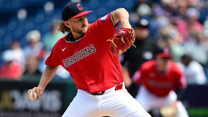 Apr 22, 2026: Cleveland Guardians starting pitcher Tanner Bibee (28) throws a pitch during the third inning against the Houston Astros at Progressive Field. Mandatory Credit: David Dermer-Imagn Images