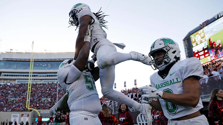 Sep 7, 2024; Blacksburg, Virginia, USA; Marshall Thundering Herd wide receiver Christian Fitzpatrick (16) celebrates after scoring a touchdown during the third quarter against the Virginia Tech Hokies at Lane Stadium. Mandatory Credit: Peter Casey-Imagn Images Sep 7, 2024; Blacksburg, Virginia, USA; Marshall Thundering Herd wide receiver Christian Fitzpatrick (16) celebrates after scoring a touchdown during the third quarter against the Virginia Tech Hokies at Lane Stadium. Mandatory Credit: Peter Casey-Imagn Images