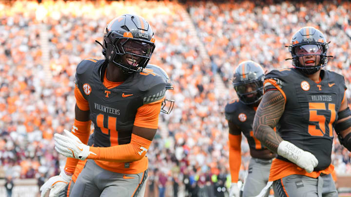 Tennessee defensive back Ty Redmond (4) celebrates after making an interception during the NCAA college football game against New Mexico State on November 15, 2025, in Knoxville, Tenn. Tennessee defensive back Ty Redmond (4) celebrates after making an interception during the NCAA college football game against New Mexico State on November 15, 2025, in Knoxville, Tenn.