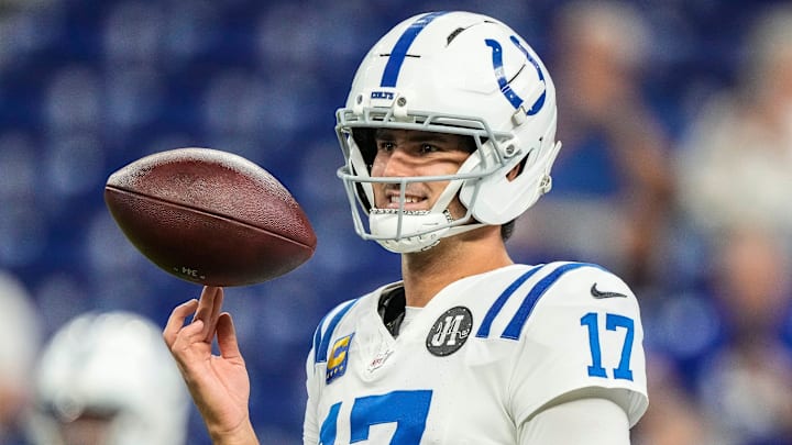 Indianapolis Colts quarterback Daniel Jones (17) spins the ball on his fingers Sunday, Sept. 14, 2025, ahead of the game against the Denver Broncos at Lucas Oil Stadium in Indianapolis. Indianapolis Colts quarterback Daniel Jones (17) spins the ball on his fingers Sunday, Sept. 14, 2025, ahead of the game against the Denver Broncos at Lucas Oil Stadium in Indianapolis.