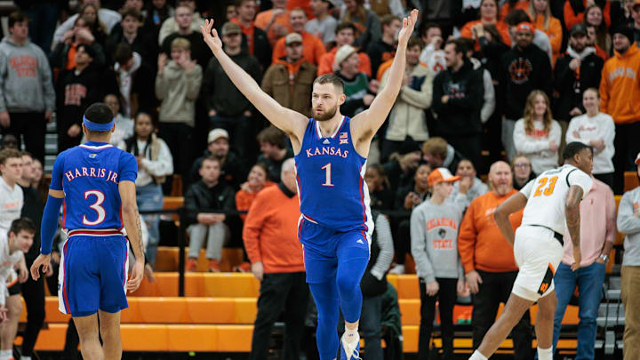 Jan 16, 2024; Stillwater, Oklahoma, USA; Kansas Jayhawks center Hunter Dickinson (1) reacts after a basket