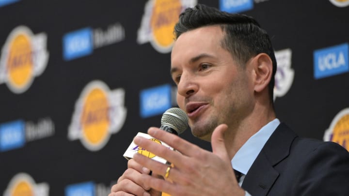 Jun 24, 2024; El Segundo, CA, USA; The Los Angeles Lakers head coach JJ Redick speaks to the media during an introductory news conference at the UCLA Health Training Center. Jun 24, 2024; El Segundo, CA, USA; The Los Angeles Lakers head coach JJ Redick speaks to the media during an introductory news conference at the UCLA Health Training Center.