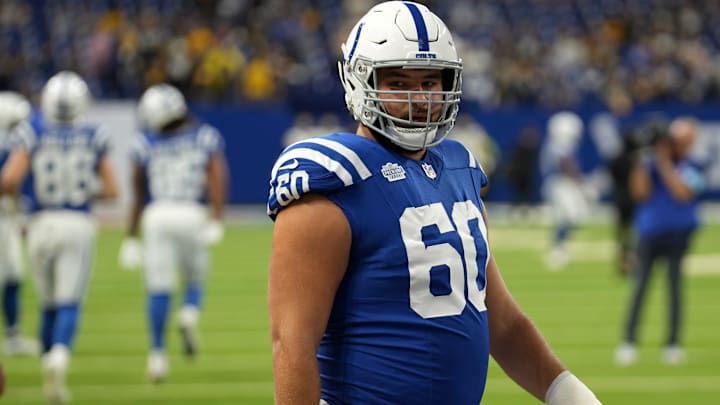 Indianapolis Colts guard Tanor Bortolini (60) warms up before an Indianapolis Colts game against the Pittsburgh Steelers on Sunday, Sept. 29, 2024, at Lucas Oil Stadium in downtown Indianapolis.