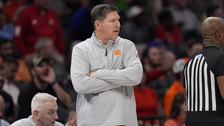 Mar 13, 2025; Charlotte, NC, USA; Clemson Tigers head coach Brad Brownell during the first half against the Southern Methodist Mustangs at Spectrum Center. Mandatory Credit: Jim Dedmon-Imagn Images