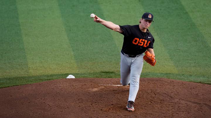 Oregon State pitcher Noah Scott throws a pitch as the Oregon Ducks host the Oregon State Beavers on March 3, 2026, at PK Park in Eugene, Oregon.
