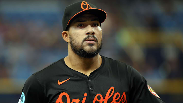 Aug 11, 2024; St. Petersburg, Florida, USA;  Baltimore Orioles outfielder Anthony Santander (25) looks on against the Tampa Bay Rays during the second inning at Tropicana Field