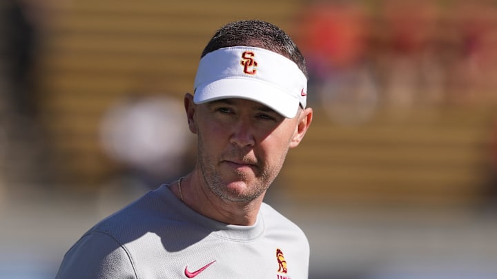 Oct 28, 2023; Berkeley, California, USA; USC Trojans head coach Lincoln Riley walks on the field before a game against the California Golden Bears at California Memorial Stadium. Oct 28, 2023; Berkeley, California, USA; USC Trojans head coach Lincoln Riley walks on the field before a game against the California Golden Bears at California Memorial Stadium.
