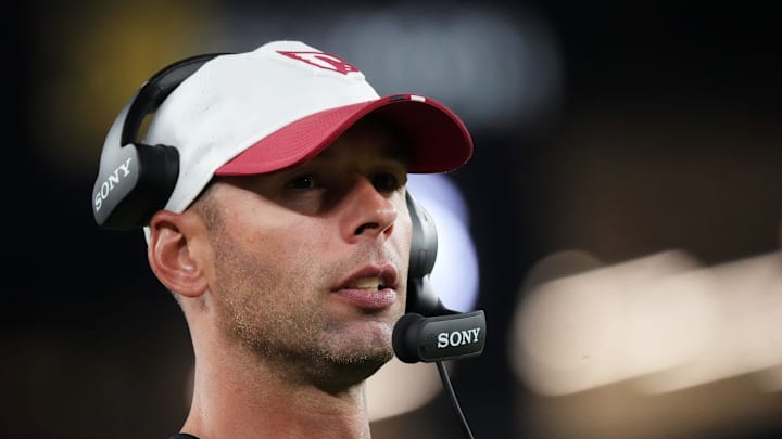 Arizona Cardinals head coach Jonathan Gannon watches from the sidelines as they play against the Las Vegas Raiders at State Farm Stadium in Glendale, on Aug. 23, 2025.