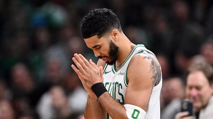 Mar 8, 2025; Boston, Massachusetts, USA; Boston Celtics forward Jayson Tatum (0) reacts before a game against the Los Angeles Lakers at the TD Garden. Mandatory Credit: Brian Fluharty-Imagn Images