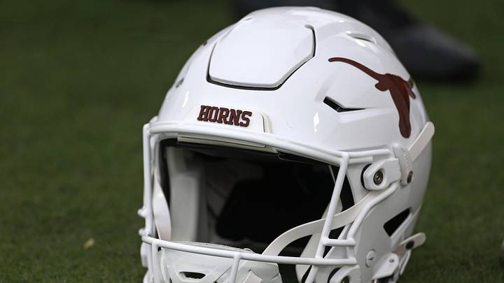 Oct 25, 2025; Starkville, Mississippi, USA; A Texas Longhorns helmet sits on the field prior to the game against the Mississippi State Bulldogs at Davis Wade Stadium at Scott Field. Mandatory Credit: Petre Thomas-Imagn Images