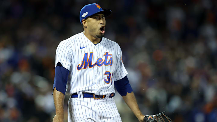 Oct 8, 2022; New York City, New York, USA; New York Mets relief pitcher Edwin Diaz (39) reacts after